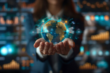 Fototapeta premium Close-up of a businesswoman's hands holding a glowing globe, symbolizing global business strategies and sustainability, with charts and graphs projected in the background