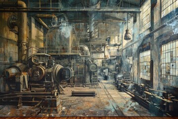 Fototapeta na wymiar Amidst the whispers of bygone eras, a mural of industry rises, embodying the essence of labor etched into the very fabric of time.