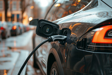 Naklejka premium Electric Car Plugged in for Charging in Urban Environment 