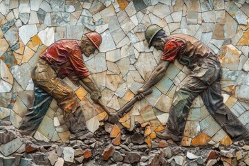 Fototapeta na wymiar Amongst the cracks, a mosaic of dedication forms, portraying the evolution of labor against the backdrop of history.