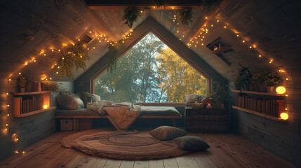 A snug attic retreat with slanted ceilings, fairy lights, and a window seat for stargazing.