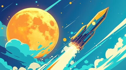 A rocket ship soaring in space An eye catching 2d illustration depicting a spacecraft gliding past the moon beautifully crafted in a charming flat design outline reminiscent of a cartoon