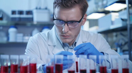 Caucasian male lab technician preparing blood samples in tubes, in a clinical lab. Wearing a white coat and blue gloves, with a clear, focused foreground.