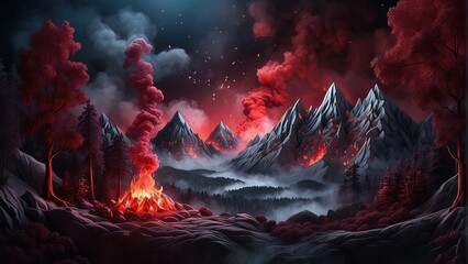 Explosive Flames with Smoke and Burning Heat, Hot Abstract Energy and Explosive Light, Dark Explosive Flames with Fiery Red and Black Backgrounds, Exploding Flames and Smoke under a Dark Sky, Fiery  - obrazy, fototapety, plakaty