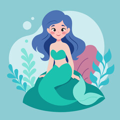 Enchanting Mermaid Adorable Smile on Rock  Beautiful Oceanic Scene