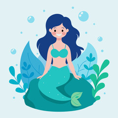 Enchanting Mermaid Adorable Smile on Rock  Beautiful Oceanic Scene