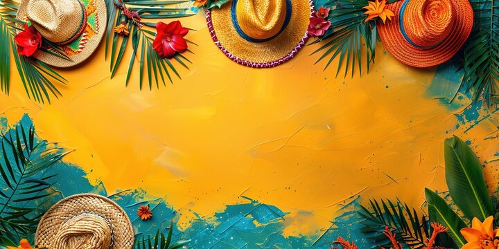 Vibrant Festa Junina banner with traditional straw hats and tropical foliage on a yellow background.