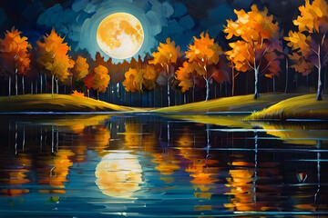 Capture the beauty of a harvest moon rising over a serene lake, adorned with trees and flowers. Abstract landscape painting of a magical night scene.