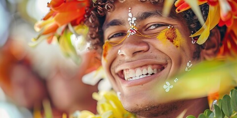 Joyful man celebrating with traditional face paint and flowers. - Powered by Adobe