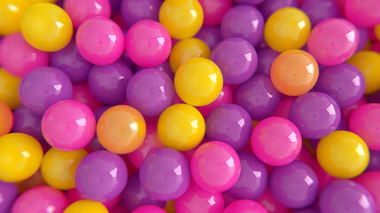 Fototapeta na wymiar many vibrant purple, pink, yellow, mint color plastic balls background, ball pit, shiny