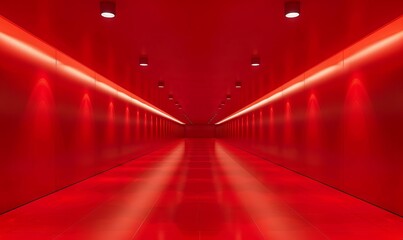 A long red hallway with lights on.