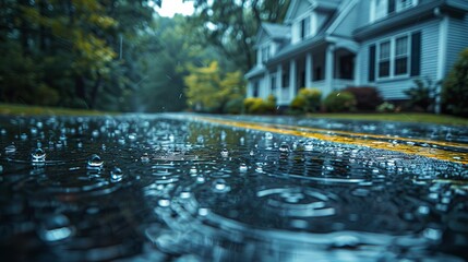 A rainy street with a house in the background. © VISUAL BACKGROUND