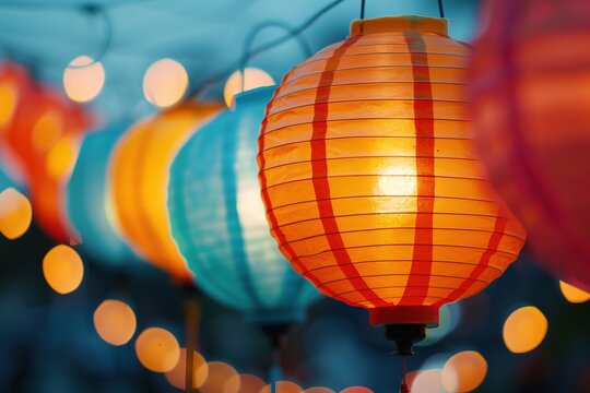 Colorful paper lanterns glowing at a festive event.