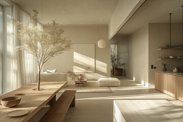 Luxurious minimalist kitchen in Stockholm apartment, soft pastels with morning light enhancing sleek wood and matte finishes