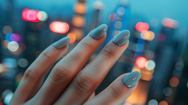 Urban Grey Nails: High-Quality Image of Professional Hand Model with Glossy Finish
