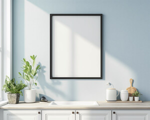 square black wooden poster frame. Soft pastel blue wall with a satin finish. Distressed white cabinets