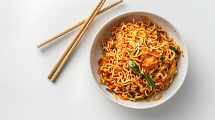 High angle view of fried noodles served in a bowl with garnishes