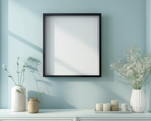 square black wooden poster frame. Soft pastel blue wall with a satin finish. Distressed white cabinets