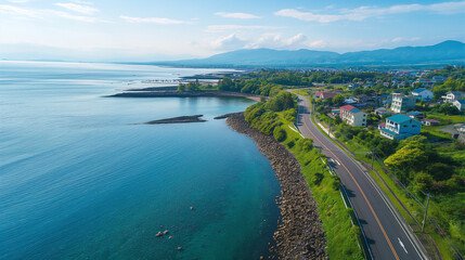 Fototapeta na wymiar drone-shot flat art depicts a picturesque coastal road in Hokkaido. The beautiful sea lies to the left of the image, while on the right, there is a view of the city with houses and a school