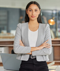 Business woman, confident employee and portrait in office, lawyer and serious for startup company....