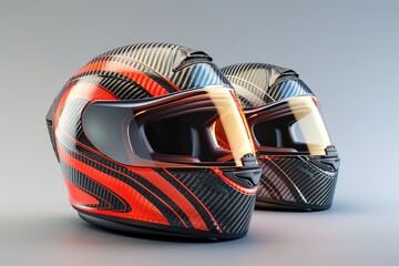 Set of two motorcycle carbon helmets. motorsport auto kart racing transport safety concept