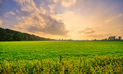 The sun setting behind some clouds floating over a rural Dutch landscape near the village of...