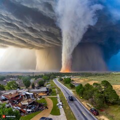 The force of a tornado lifts cars and demolishes buildings leaving behind a trail of destruc - obrazy, fototapety, plakaty