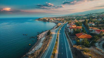 drone-shot flat art depicts a picturesque coastal road in Hokkaido. The beautiful sea lies to the left of the image, while on the right, there is a view of the city with houses and a school