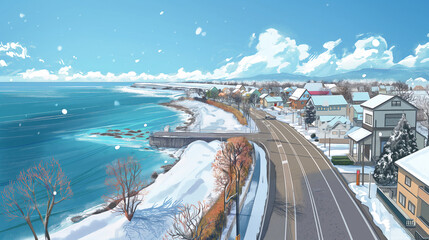 flat art depicts a picturesque coastal road in Hokkaido. The beautiful sea lies to the left of the image, while on the right, there is a view of the city with houses and a school under snow - obrazy, fototapety, plakaty