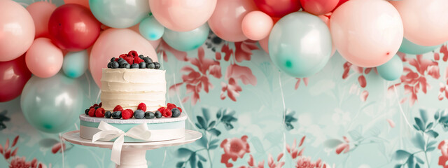 Event Planner Planning Cake and Balloons Modern Floral Decor for Birthday Celebrations and Showers Background