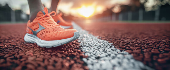 Sunrise hues on a runner's shoes, gearing up for the run, June 5, Global Running Day concept.