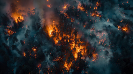 Wildfire with towering flames engulfing a dense forest, emitting orange flames and smoke. The severity of forest fires. - obrazy, fototapety, plakaty