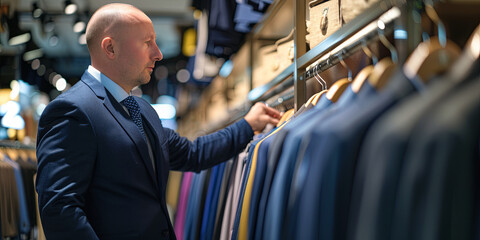 a man in his late thirties, wearing an elegant blue suit and tie with short hair, standing at the rack of a luxury men's fashion store, generative AI - obrazy, fototapety, plakaty