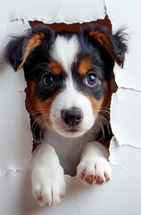 A cute puppy dog is peeking through a hole in a white paper background