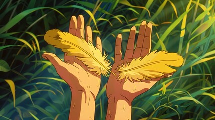 Fototapeta na wymiar Two yellow feathers fell on both hands, High view