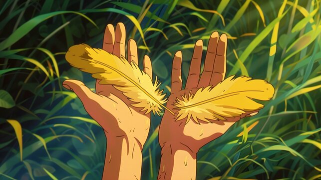 Two yellow feathers fell on both hands, High view