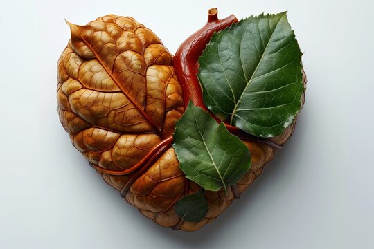 A heart made of wood and leaves on a white background.