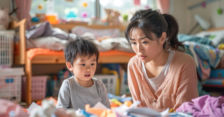 Asian mother reprimanding child over a messy bedroom