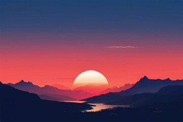 Vector landscape, sunset scene in nature with mountains and forest, silhouettes of trees and hills. Beautiful landscape of mountains and wild forest. Sunset. mountains. Forest. Illustration background