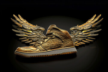  golden sneaker with wings, implying speed and freedom, on dark background.