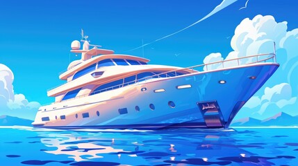 Luxurious yacht catered to the wealthy Ideal for leisurely getaways and brief excursions Cartoon style 2d illustration representing a ship and mode of water transportation