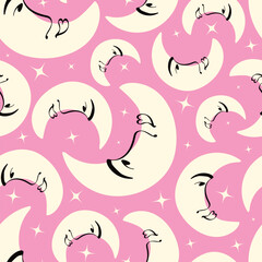 A pattern of pink and yellow crescent moons with stars. The pattern is made up of many small crescent moons, each with a different expression. Scene is whimsical and playful