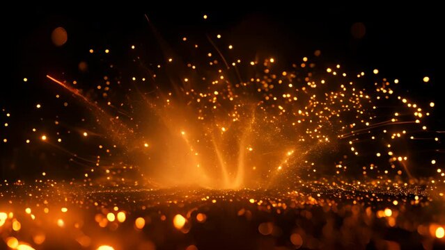 Golden fireworks exploding in a night sky