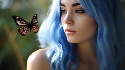 Portrait of beautiful woman with blue hair and butterflies around her isolated blurred background