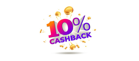 10% cash back offer on shopping sale deals. Golden coins money with 10% cashback 3d typography.