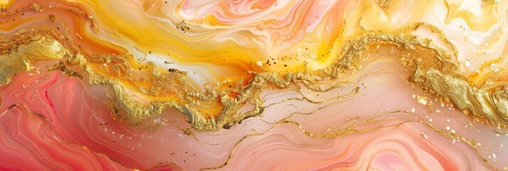 Epoxy resin texture with yellow, gold and pink background. Banner Abstract marble waves coloured with crushed gold. Executed in the style of liquid art - obrazy, fototapety, plakaty