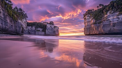 a pristine sandy beach framed by towering cliffs, with gentle waves lapping at the shore