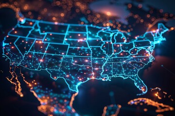 Digital Map of USA with Network Connection created with generative AI