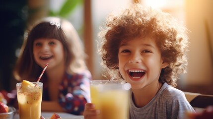 Happy kid and his sister enjoying in buffet breakfast 