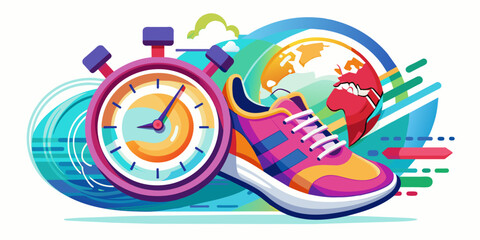 Sneaker and stopwatch, world theme, June 5. Global Running Day concept.